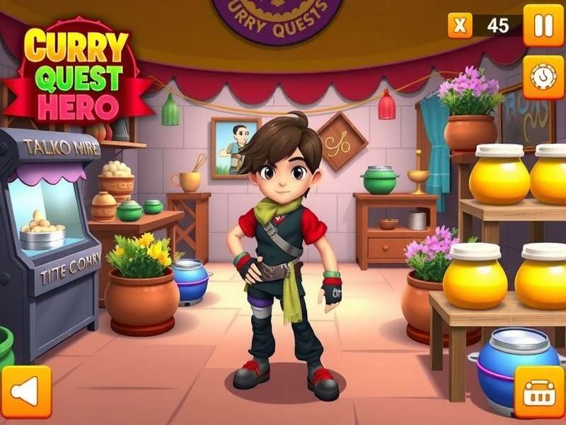 Curry Quest Hero game screenshot showing hero character in Indian marketplace